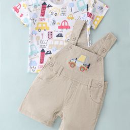 ToffyHouse Cotton Knit Dungaree & Half Sleeves T-Shirt Set Car Print - Grey-image-78