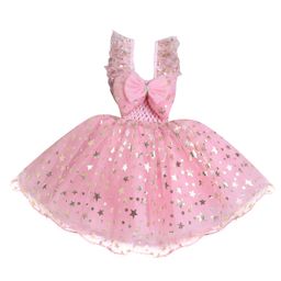 TINY MINY MEE Elastane Sleeveless Bow Applique & Foil Stars Printed Shimmered Dress - Pink-image-71