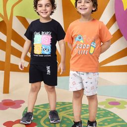 TOONYPORT Cotton Pack Of 2 Half Sleeves Cool Bears & Good Life Text Printed Tees & Shorts - Multi Color-image-21