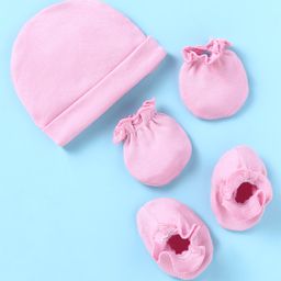 Ben Benny 100% Cotton Knit Cap Mitten Booties Set Solid Print Pink - Dimension 9 cm-17