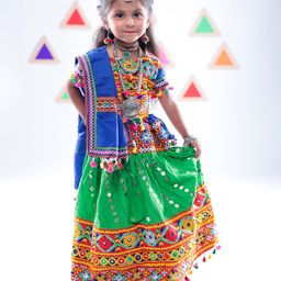 Banjara India Cotton Half Sleeves Navratri Theme Kutch Work Embroidered Lehenga Choli Set With Dupatta - Green-image-12