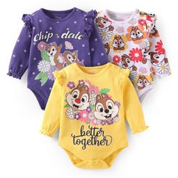 Babyhug Disney Interlock Knit Full Sleeves Onesies with Chip N Dale Graphics & Frill Detailing Pack of 3- Yellow White & Purple-image-54