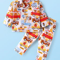 Babyhug Cotton Knit Full Sleeves Front Open Night Suit Vehicle Print - Orange White-image-28