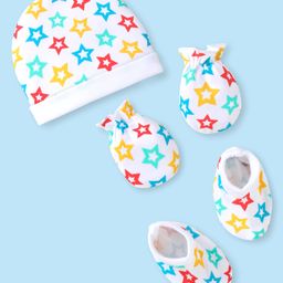 Babyhug 100% Cotton Knit Cap Mittens & Booties with Star Print - White-image-21