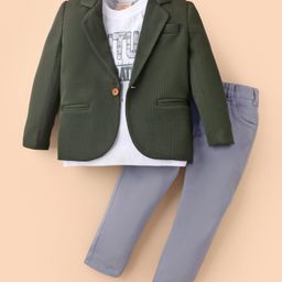 Rikidoos Full Sleeves Solid Ribbed Blazer With Typography Printed Tee & Pant - Green & Grey-image-41