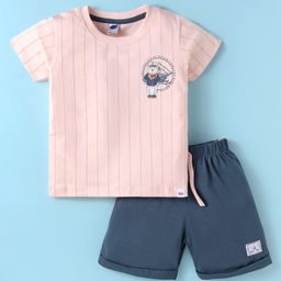 Teddy Sinker Knit Half Sleeves T-Shirt & Shorts Set With Teddy Bear Print - Peach-image-68