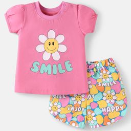 Babyhug Cotton Knit Half Sleeves Shorts Nightsuit with Smile & Floral Print - Pink-image-94