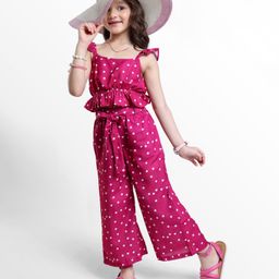 OLLINGTON ST. Woven Sleeveless Polka Dots Printed Co-ords Top & Culottes Set with Fabric Belt - Dark Pink-15