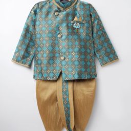 Dapper Dudes Full Sleeves Ethnic Motifs Embroidered Coordinating Dhoti Kurta Set - Blue-image-47