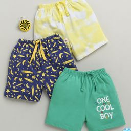 BUMZEE Cotton Pack Of 3 Tie Dye & Moon Printed Shorts - Green & Yellow-image-3