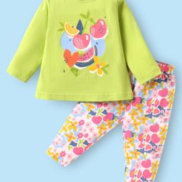 Zero Sinker Knit Full Sleeves Top & Leggings Set With Fruit & Floral Print - Lime Green-picture-7
