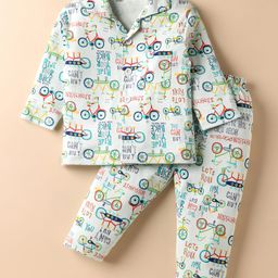 Little Darlings Interlock Knit Full Sleeves Co-ords Night Suit with Bicycle Print - Light Green-image-61