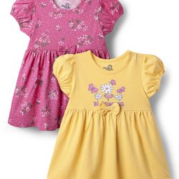 Doodle Poodle Single Jersey Knit Half Sleeves Frocks With Floral Print & Bow Applique Pack Of 2 - Pink & Yellow-image-41