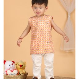 Polka Tots Cotton Sleeveless Baby Elephants Printed Jhabla & Pant Set - Orange-image-77