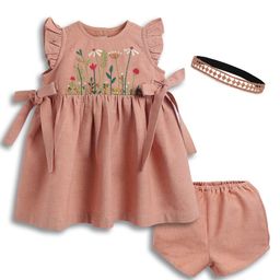 Tiber Taber 100% Cotton Woven Frill Sleeves Floral Embroidered Dress With Bloomer & Headband Set - Pink-image-15