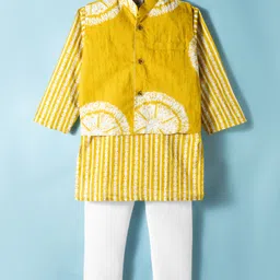 Teentaare Cotton Woven Full Sleeves Kurta & Pajama Set With Printed Nehru Jacket - Yellow & White-picture-24