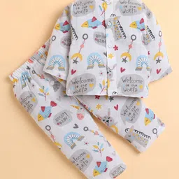 Polka Tots Cotton Woven Full Sleeves Welcome To The World Text Printed Jhabla & Coordinating Pant Set - Multi Colour-picture-23