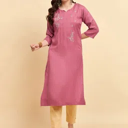 Anouk Rustic Floral Embroidered Notch Neck Thread Work Cotton Silk Straight Kurta-image-89