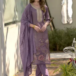 SHREE LAXMINARAYAN EXPORT Printed Tissue Round Neck Straight Kurta With Trousers & Dupatta-picture-26