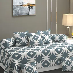 Aura 8Pcs White & Grey Printed Cotton Diwan Set-8
