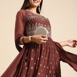 Anouk Coffee Brown & Gold Foil Ethnic Print Pleated Straight Kurta with Palazzos Dupatta-image-14