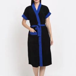Creeva Everyday Black & Turkish Blue 225 GSM Micro Terry Bathrobe with Front Pocket & Kimono Collar-63