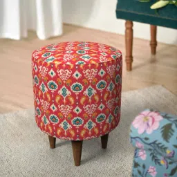Chumbak French Ikat Red Wood Ottoman-21