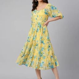 Janasya Yellow Floral Print A-Line Dress-image-83