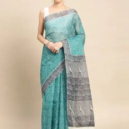SHANVIKA Green & Grey Cotton Printed Saree Without Blouse-image-34