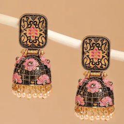 OOMPH Jewellery Pink Enamel Kundan Floral Jhumki-11