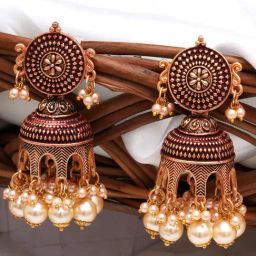 Karatcart Antique Gold-Plated Maroon Tomb Style with Golden Pearl Jhumki Earrings for Women-1