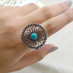 Teejh Ethnic Aruna Turquoise Silver Oxidized Filigree Rings for Women-image-61