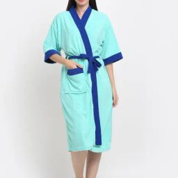 Creeva Everyday Blue & Turkish Blue 225 GSM Micro Terry Bathrobe with Front Pocket & Kimono Collar-92