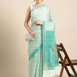 SHANVIKA White & Turquoise Cotton Floral Print Saree With Unstitched Blouse-image-4