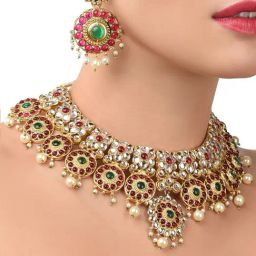 Zaveri Pearls Pink & Green Stones Wedding Collection Necklace & Earring Set For Women-ZPFK9816-40