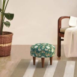 Chumbak Begum Spring Marigold Floral Green Wood Foot Rest Ottoman-28