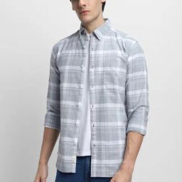 Dennis Lingo Grey Cotton Slim Fit Checks Shirt-image-7