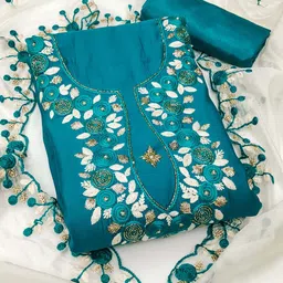 SAINOOR Floral Embroidered Sequinned Roman Silk Semi-Stitched Dress Material-image-20