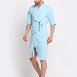Creeva Everyday Sky Blue 225 GSM Micro Terry Bathrobe with Front Pocket & Kimono Collar-98