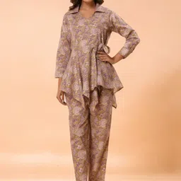 ARAVALII Shirt Collar Neck Floral Printed Top With Trouser Co-Ords-image-17