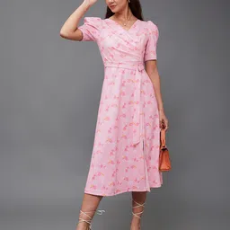 Miss Chase Women Georgette Floral Printed V-Neck Midi Warp Dress-image-50