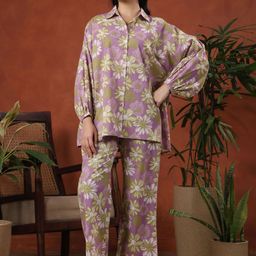 anayna Floral Printed Shirt Collar Pure Cotton Shirt With Trousers-56