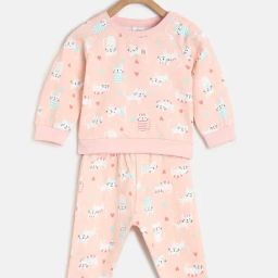 MINIKLUB Kids Peach Printed Full Sleeves T-Shirt with Pants-image-11