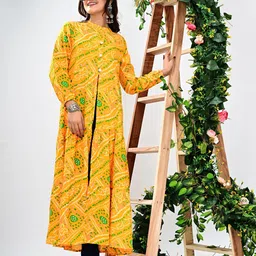 VASUPRADA Bandhani Printed Front High Slit Mandarin Collar A-Line Kurta-image-78