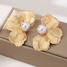 KRENOZ Gold-Plated Pearls Beaded Floral Studs-image-54