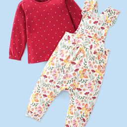 Babyhug Interlock Cotton Knit Dungaree with Full Sleeves Inner Tee Floral Print - Multicolour-picture-27