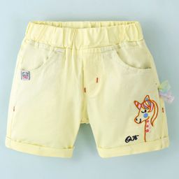 Olio Kids Cotton Woven Knee Length Shorts With Unicorn Embroidery - Yellow-picture-16