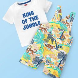Babyhug Single Jersey Cotton Knit Dungaree with Half Sleeves Inner Tee Jungle Safari Print - Multicolour-image-91
