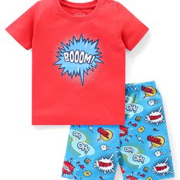Babyhug Cotton Knit Half Sleeves Comic Printed Night Suit - Red-image-86