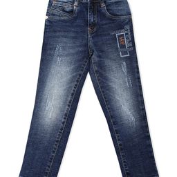 LEO Brand Name Printed & Mild Distressed Stone Wash Denim Jeans - Blue-image-46